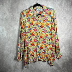 Vintage Bonjour Shirt Womens Large Multicolor‎ Floral Button Up Cottagecore Boho